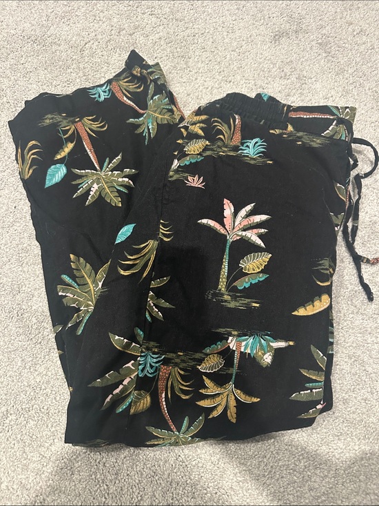 Old Navy Pants - Tropical Palm Print Drawstring Pants - Black with Teal & Mustard. 55% linen